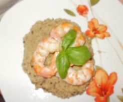 Gamberoni piccanti  con crema di melanzane