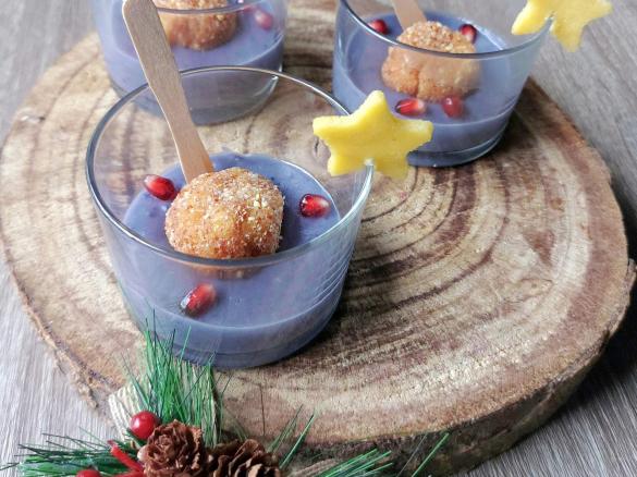 Polpette al cotechino su crema alle patate viola