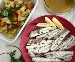 Sgombri a vapore, patate e fumetto