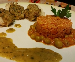 pasto completo "dieta con gusto": riso integrale al sugo di piselli, seppie ripiene con ristretto di cipollotti e zucchine al balsamico, tortino al cioccocaffè (contest Multilivello)