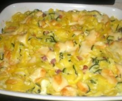 fettuccine all'uovo zucchine, spek e stracciatella