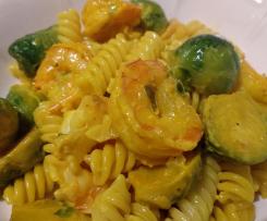 Fusilli risottati con code di gamberi e cavoletti di Bruxelles