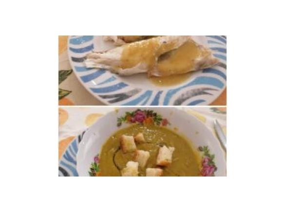 VELLUTATA DI CECI E BROCCOLI SAPORITI FILETTI DI ORATA IN SALSA DI NOCI  cena bymbine