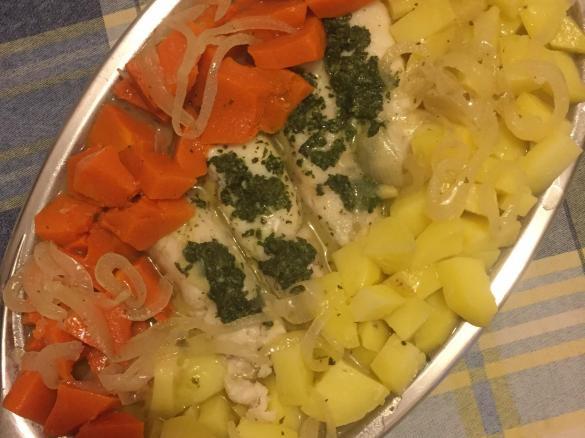 Merluzzo agli aromi, con zucca e patate