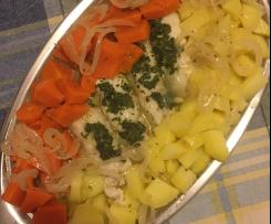 Merluzzo agli aromi, con zucca e patate