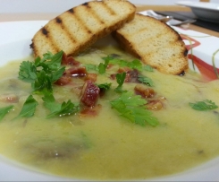 Crema di porri con funghi e pancetta croccante