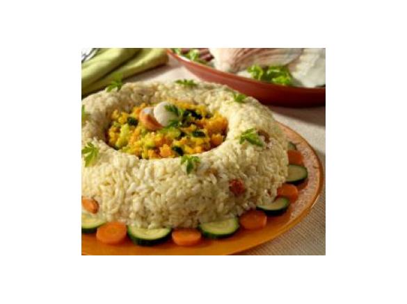 Corona di riso, capesante e verdure