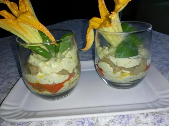TIRAMISU SALATO CON MELAZANE E PEPERONI AROMATIZZATO AL PESTO DI FIORI DI ZUCCHINA-- CONTEST TIRAMISU ESTIVO