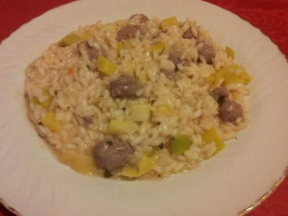 Risotto all'Arneis, salsiccia di Bra e porri di Cervere