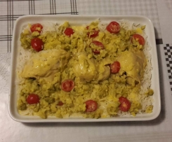 Sovracosce di pollo allo zafferano con broccolo romano e riso basmati