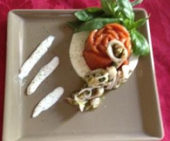 Gelatina di Gazpacho con salsa di burrata e calamari al limone. Team Mezzalira Div.Adda