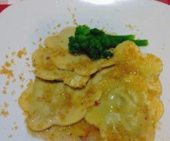 Fiori ripieni di rape salsa di acciughe e pane croccante