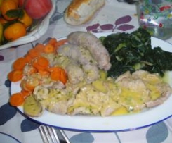 Scaloppine e salsiccie in salsa di mandarino