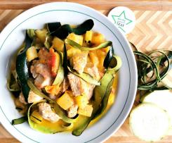 BOCCONCINI DI POLLO CON PESCHE E ZUCCHINE - CONTEST PESCHE -