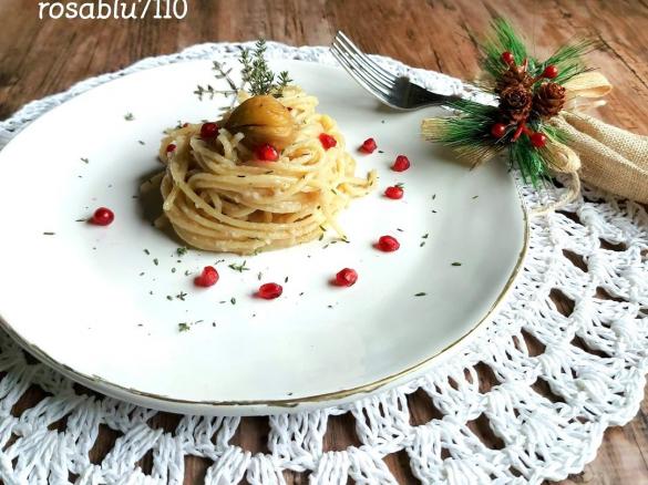 Spaghetti con pesto di Castagne e chicchi di Melograno