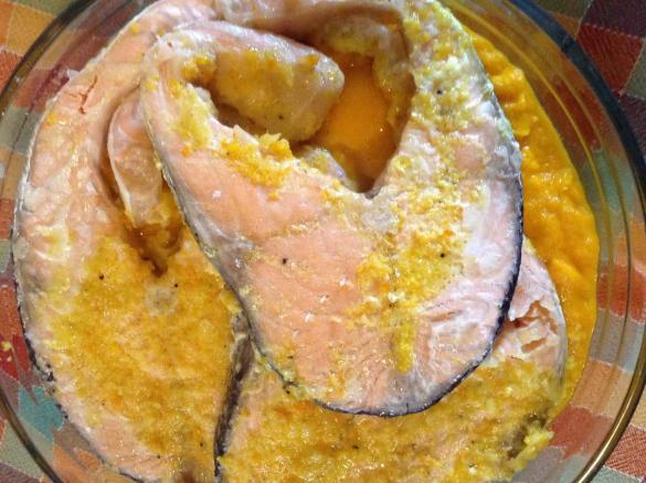 Salmone al vapore agli agrumi su vellutata di carote