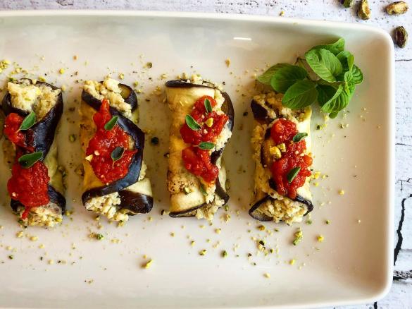 Cannoli di melanzane ripieni di bulgur,ricotta e pistacchi -contest monoporzione Varoma