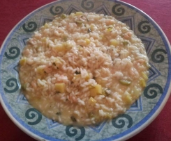 Risotto con ananas, gamberetti e fiori di zucchina