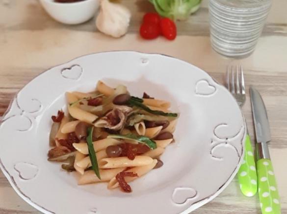 Penne con Catalogna cimata acciughe olive taggiasche a modo mio (Contest pasta Risottata)