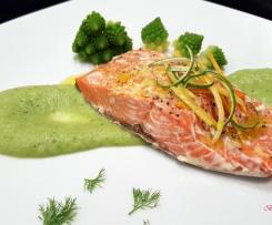 Salmone marinato agli agrumi con crema di broccolo romanesco